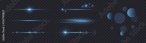 Fototapeta Light flare lens effect horizontal, blue light beam, glow line rays isolated on dark bg. Sparkle laser beam set, vector illustration. Christmas light effect with bokeh and stars.