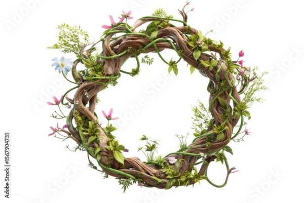 Obraz Botanical portal made of growing vines and wildflowers forming a ring, enchanted aura, white background