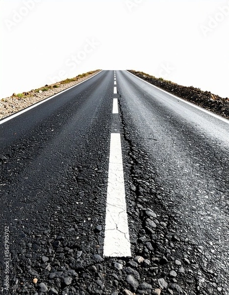 Fototapeta A narrow asphalt road with small cracks seen from above isolated