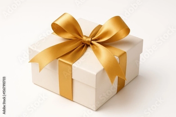 Fototapeta Elegant gift package adorned with a shimmering gold ribbon isolated on a plain white backdrop