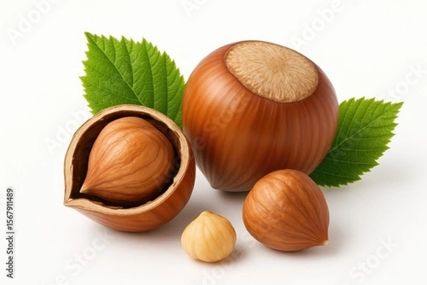 Fototapeta Single hazelnut displayed on a plain white backdrop for packaging design