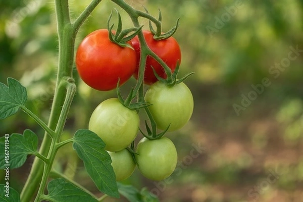 Fototapeta Fruiting process of tomatoes on plant stems with blurred background