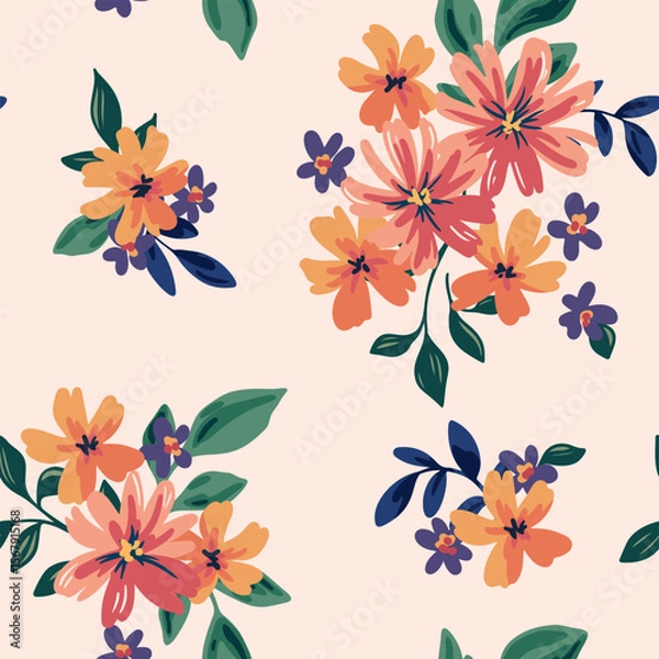 Fototapeta Seamless floral pattern, liberty ditsy print of delicate bouquets in vintage rustic motif. Cute botanical design of small hand drawn flowers, tiny leaves, simple blooming bouquets. Vector illustration