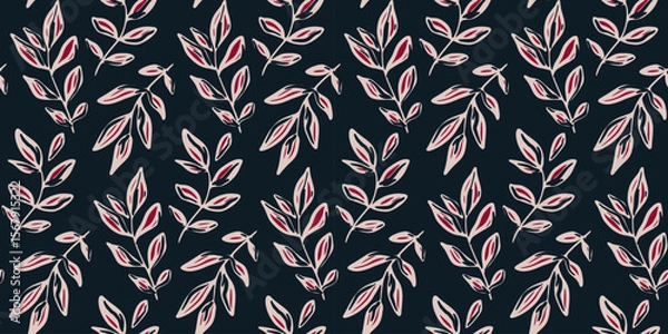 Fototapeta Seamless botanical pattern with hand drawn sketch style leaves in dark colors. Artistic botanical design, graphic pattern of drawing foliage on black background. Vector illustration.