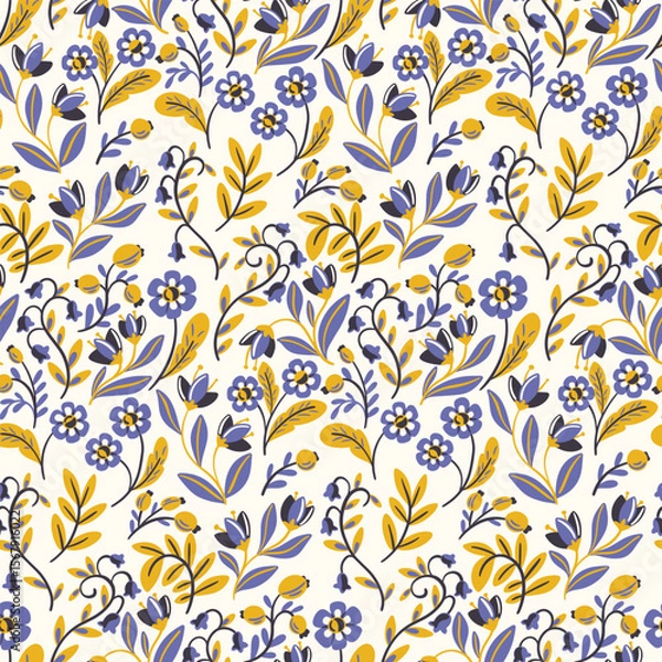 Fototapeta Seamless floral pattern, abstract ditsy print in decorative folk art style. Stylish botanical design, nature ornament of small hand drawn flowers, tiny leaves, berries in abstract. Vector illustration