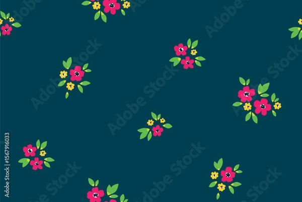 Fototapeta Seamless floral pattern, liberty ditsy print of mini pretty bouquets. Cute botanical design in simple vintage motif. Small hand drawn flowers, tiny leaves, bouquets abstract. Vector illustration.