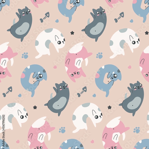 Fototapeta Cute little cats in a set. Pretty cartoon kittens, simple animals in different poses. Sticker collection, set of elements with isolated adorable pets, baby cat. Modern graphics, vector illustration.