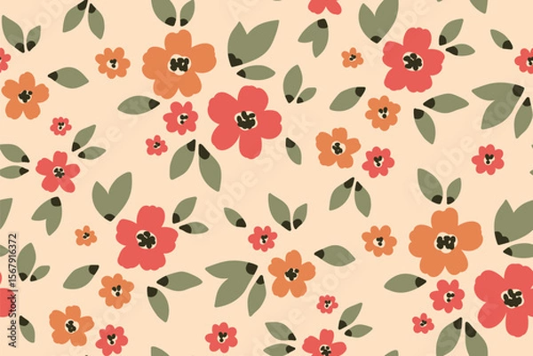 Fototapeta Seamless floral pattern, liberty ditsy print of hand drawn meadow in natural colors. Simple cute botanical design of small hand drawn flowers, tiny leaves in abstract composition. Vector illustration.