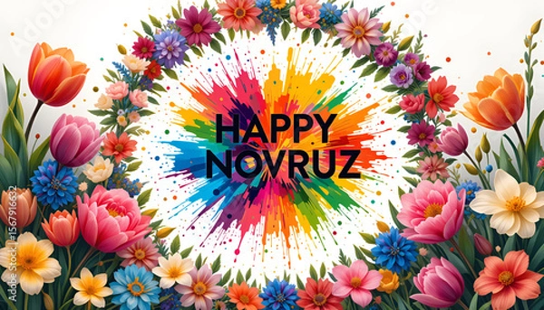 Fototapeta Happy novruz celebration with colorful floral wreath and paint splash on a white background art