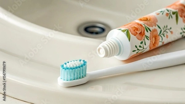 Fototapeta A close-up shot of a white toothbrush with light blue bristles resting next to an open tube of toothpaste adorned with a floral pattern, set against the backdrop of a clean, white bathroom sink