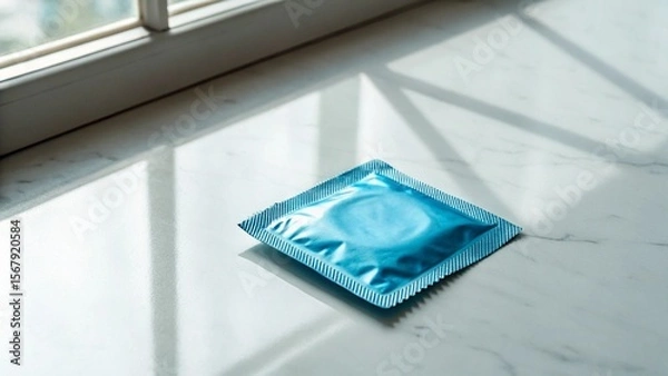Fototapeta A single condom in a blue wrapper rests on a sleek white marble surface, illuminated by bright, natural sunlight from a nearby window. This image represents modern approaches to safe sex, responsibili