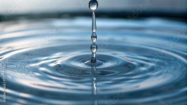 Fototapeta A single drop of clear, pure water creates a perfect ripple effect on a calm, blue-tinted water surface, symbolizing purity, tranquility, and the profound impact of small actions