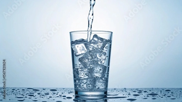 Fototapeta Close-up shot of an ice-filled glass being topped off with fresh, clean water, highlighting crispness and the invigorating nature of a cold beverage