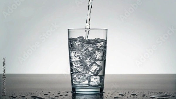 Fototapeta A stream of crystal-clear water pours into a tall glass brimming with ice cubes, creating subtle splashes and movement, symbolizing pure refreshment and healthy hydration