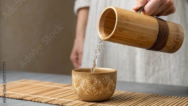 Fototapeta A hand pours clear, refreshing liquid from a bamboo-style carafe into a textured ceramic cup, set on a bamboo mat with decorative leaves and a small lidded pot, evoking a tranquil Asian tea ceremony