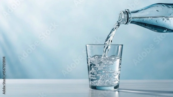Fototapeta Close-up shot of water being dispensed from a transparent bottle into a glass with ice cubes, highlighting crispness and hydration in a stylish, sunlit setting with abstract shadows