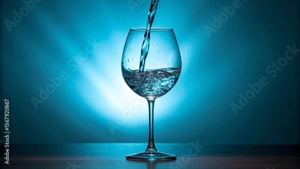 Fototapeta A stream of clear, pure water pours into a elegant wine glass, set against a dramatic blue background, symbolizing refreshment, clarity, and healthy hydration