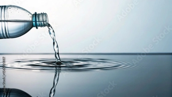 Fototapeta Dynamic shot of water flowing steadily from a transparent bottle onto a flat water surface, generating elegant circular waves, ideal for themes of natural resources and refreshment