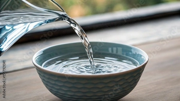 Fototapeta Clear, fresh water is being poured from a glass pitcher into a small, patterned ceramic bowl, showcasing purity and the simple act of hydration or preparation