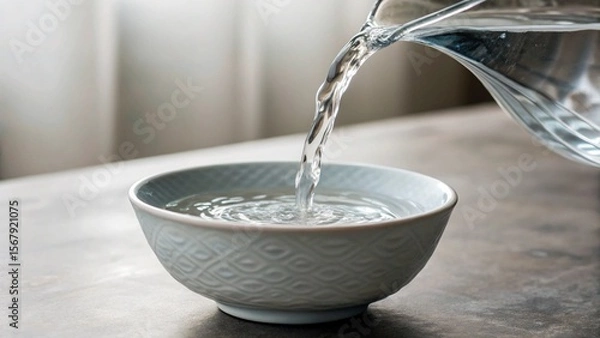 Fototapeta Close-up shot of transparent water flowing steadily from a glass jug into a decorative bowl, emphasizing cleanliness, serenity, and a gentle, natural process