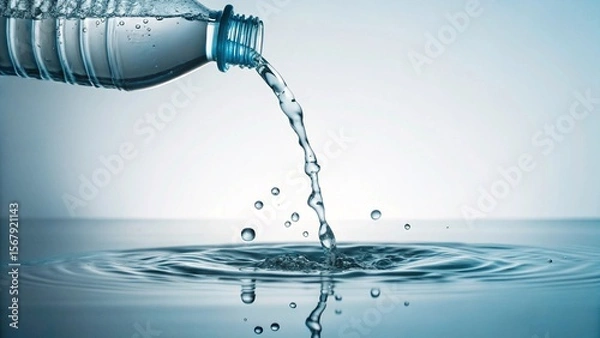 Fototapeta Dynamic shot of fresh, clear water pouring from a plastic bottle, creating an energetic splash and ripples on a pristine surface, ideal for hydration and refreshment concepts