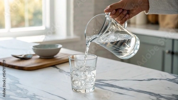 Fototapeta Close-up shot of a person's hand serving a cool, crisp glass of water from a transparent jug, emphasizing refreshment and healthy living in a modern home setting