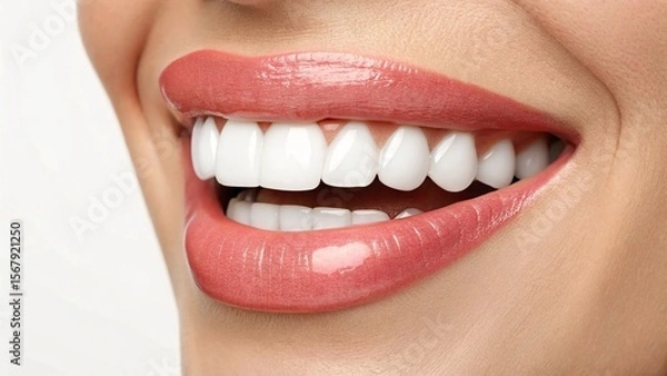 Fototapeta A stunning close-up of a beautiful, wide smile revealing perfectly straight, snow-white teeth. The healthy pink lips are adorned with a glossy finish, creating an image of vibrant health, happiness, a