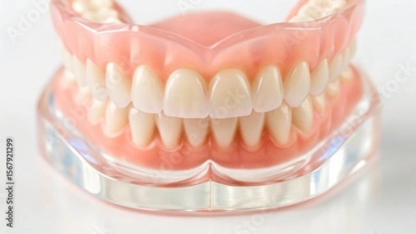 Fototapeta Close-up of a realistic, full dental prosthesis showcasing perfectly aligned white artificial teeth and pink acrylic gums. This image is ideal for dental clinics, advertisements for dental services