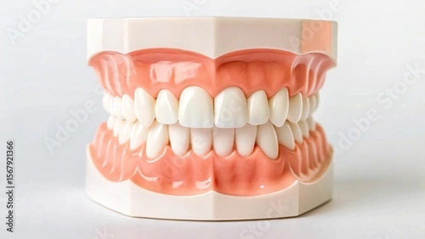 Fototapeta A dental model of a human jaw with a full set of straight, white teeth, isolated on a white background. This anatomical model is perfect for demonstrating oral hygiene, dental procedures