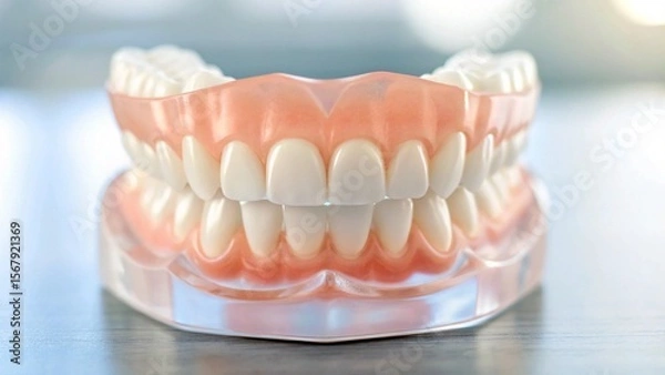 Fototapeta A complete set of upper and lower dentures on a clear acrylic display stand, isolated on a white background. This high-quality model of false teeth is perfect for illustrating concepts in prosthodonti