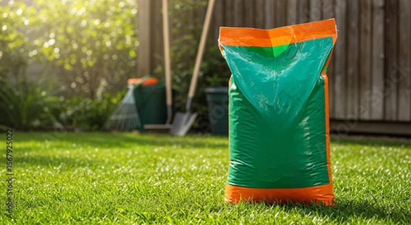 Fototapeta Green and orange lawn fertilizer bag standing on vibrant grass with sunlight and gardening tools in background