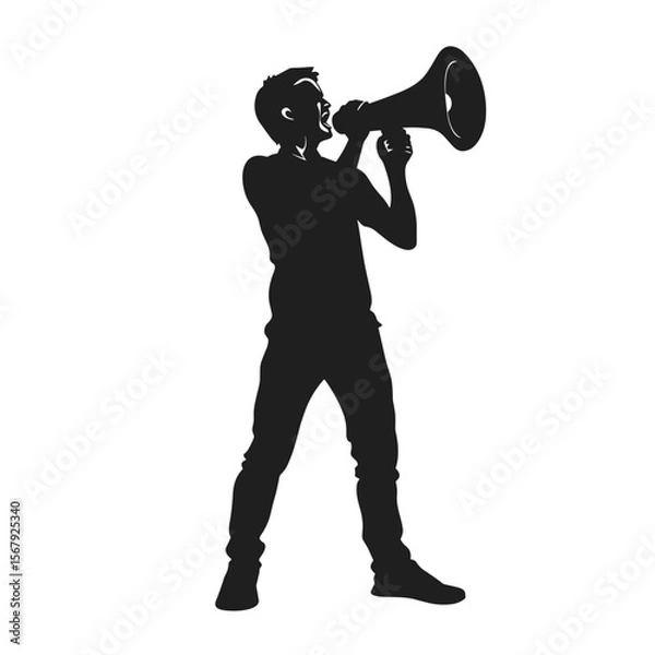 Obraz Silhouette of a young man shouting into a megaphone, expression of activism and communication
