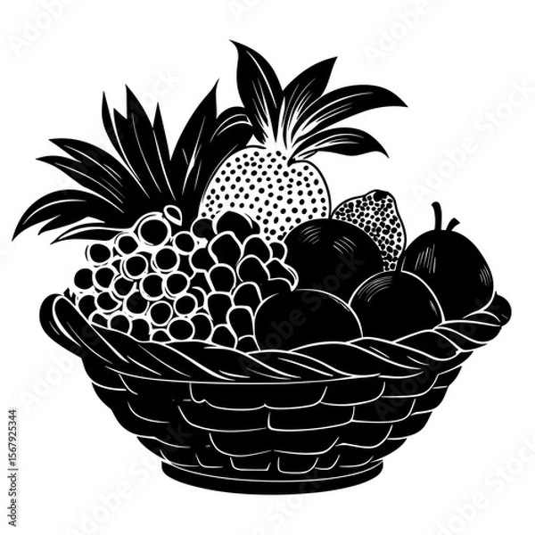 Obraz Fruits in a basket, illustration style, black and white, for decoration or branding
