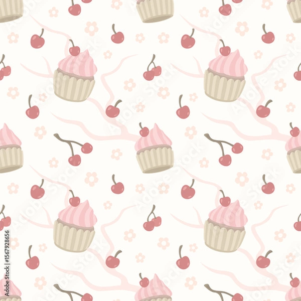 Fototapeta Seamless pattern with cherry cupcakes