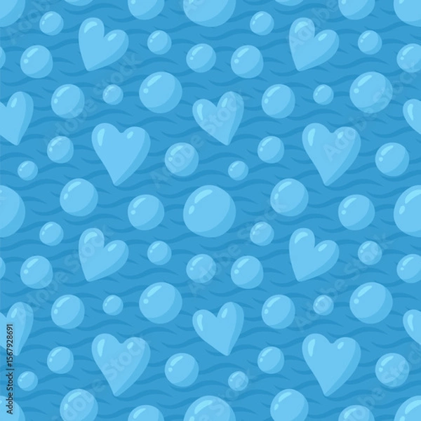 Fototapeta Seamless pattern with blue bubbles and hearts
