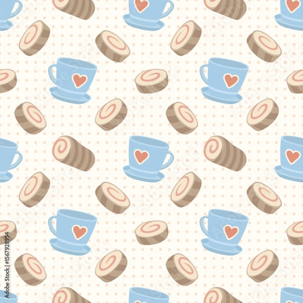 Fototapeta Seamless pattern with swiss rolls and cups
