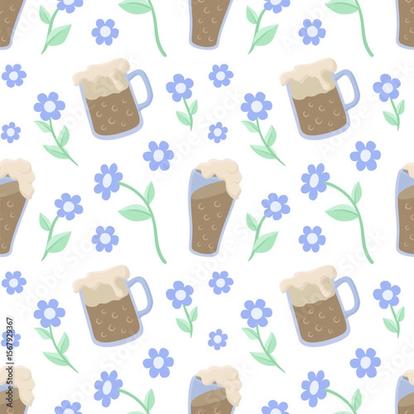 Fototapeta Tile pattern with frothy beer and flowers
