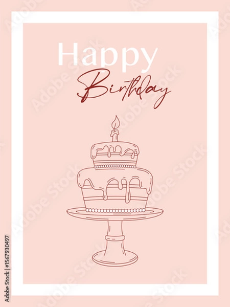 Fototapeta Minimalist birthday card with hand-drawn cake and “Happy Birthday” text. Elegant line art style on soft pink background. Perfect for greeting cards, party invites, and printables.