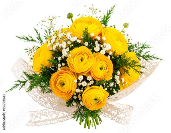 Fototapeta Romantic Buttercup Flower Bouquet in Soft Yellow Tones, isolated on a transparent background.