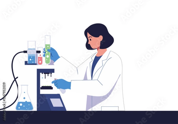 Fototapeta A female scientist meticulously operates laboratory equipment, focused on research. Clean, modern lab setting.  Illustrative style.