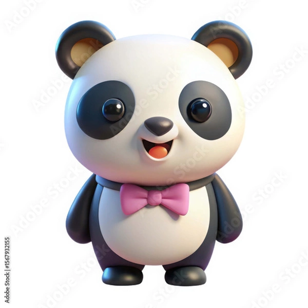 Obraz Cute 3d rendered panda wearing a pink bow tie isolated on white background