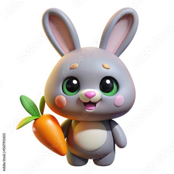 Obraz Cute cartoon grey bunny rabbit holding a carrot isolated on white background