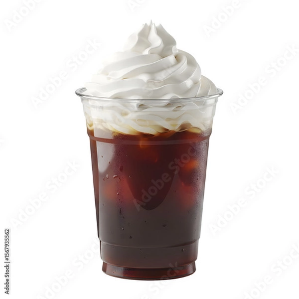 Fototapeta Iced coffee with a layer of whipped cream in a clear plastic glass on a white background