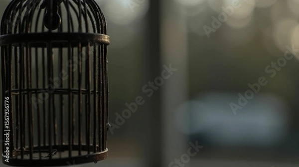 Fototapeta An antique, empty birdcage hangs suspended, casting a sense of quiet longing or forgotten freedom