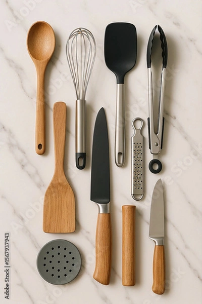 Fototapeta A neat arrangement of essential kitchen tools on a marble countertop, ready for cooking.