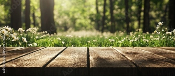 Fototapeta Wooden Table in a Sunny Forest Meadow