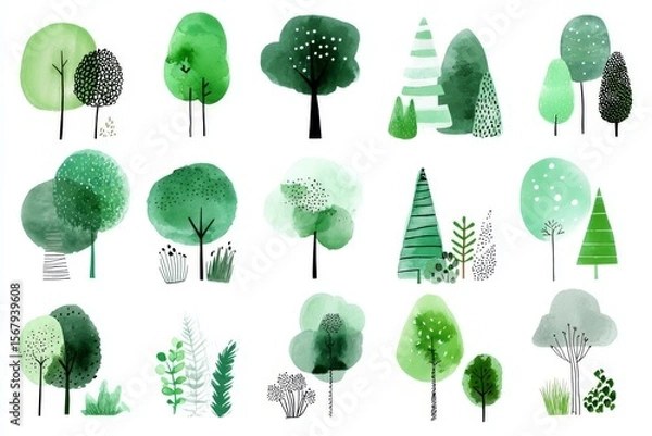Fototapeta The illustration features a set of watercolor trees and grass from a top view, isolated against a white backdrop, making it suitable for incorporating into plans for landscapes and architectural