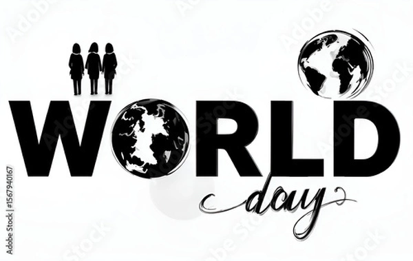 Fototapeta Black and white world day graphic with three figures and globe illustrations on a white background
