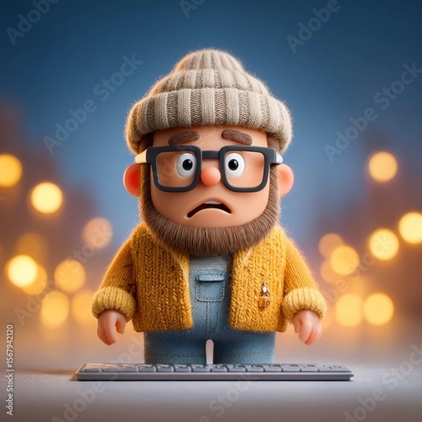 Fototapeta A cartoon character looking confused at a keyboard.