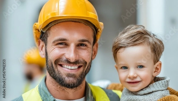 Fototapeta Father and son don construction worker uniforms and hard hats as they spend quality time together at a construction site, embodying the joy of childhood and fatherhood